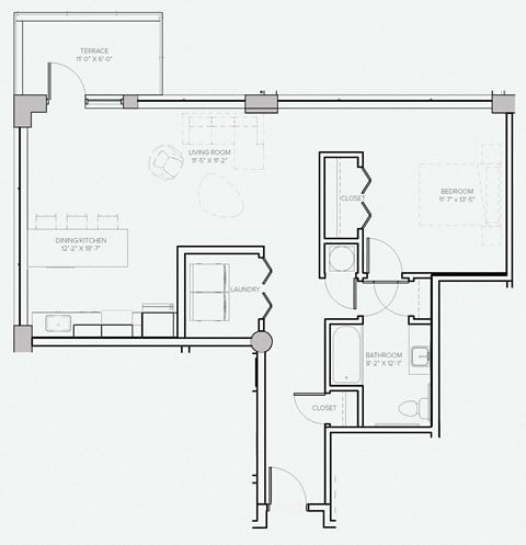 Floor plan for 1 bed, 1 bath, 813 sqft